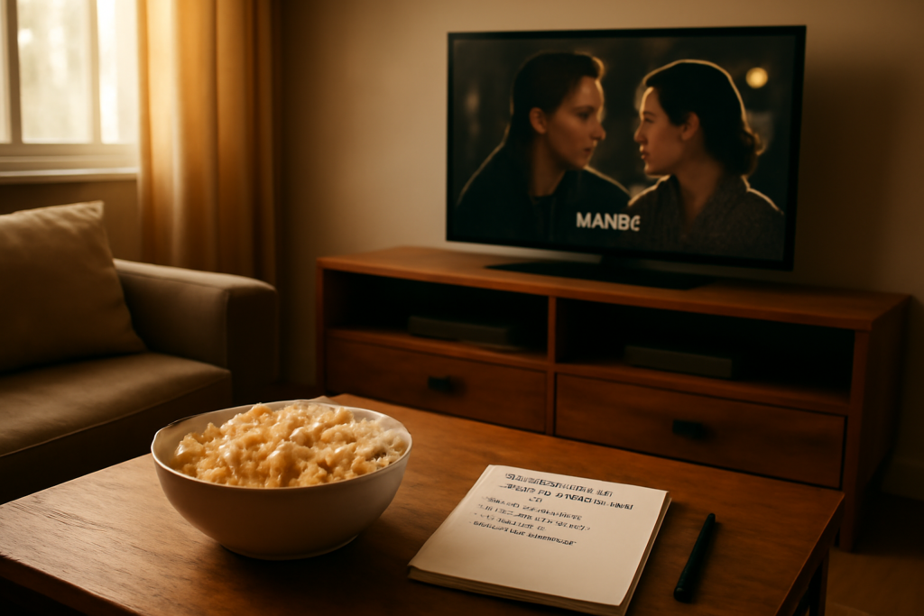 Suasana ruang tamu dengan TV dan popcorn untuk marathon film
