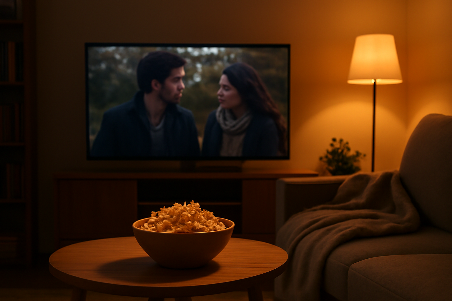 Suasana ruang tamu nyaman dengan televisi menyala dan popcorn untuk menonton film