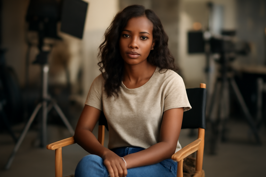 China Anne McClain duduk di kursi sutradara di lokasi syuting