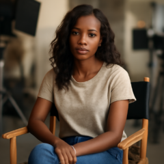 China Anne McClain duduk di kursi sutradara di lokasi syuting