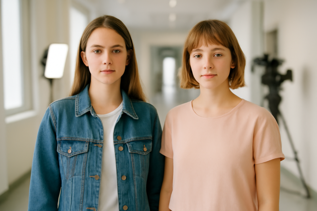 Dua aktris muda berdiri berdampingan di lorong studio televisi sebagai ilustrasi perbandingan karier China Anne McClain dan Sofia Carson