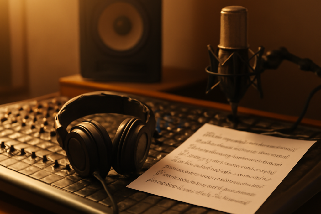 Studio musik dengan headphone dan mikrofon, menggambarkan lagu-lagu China Anne McClain