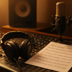 Studio musik dengan headphone dan mikrofon, menggambarkan lagu-lagu China Anne McClain