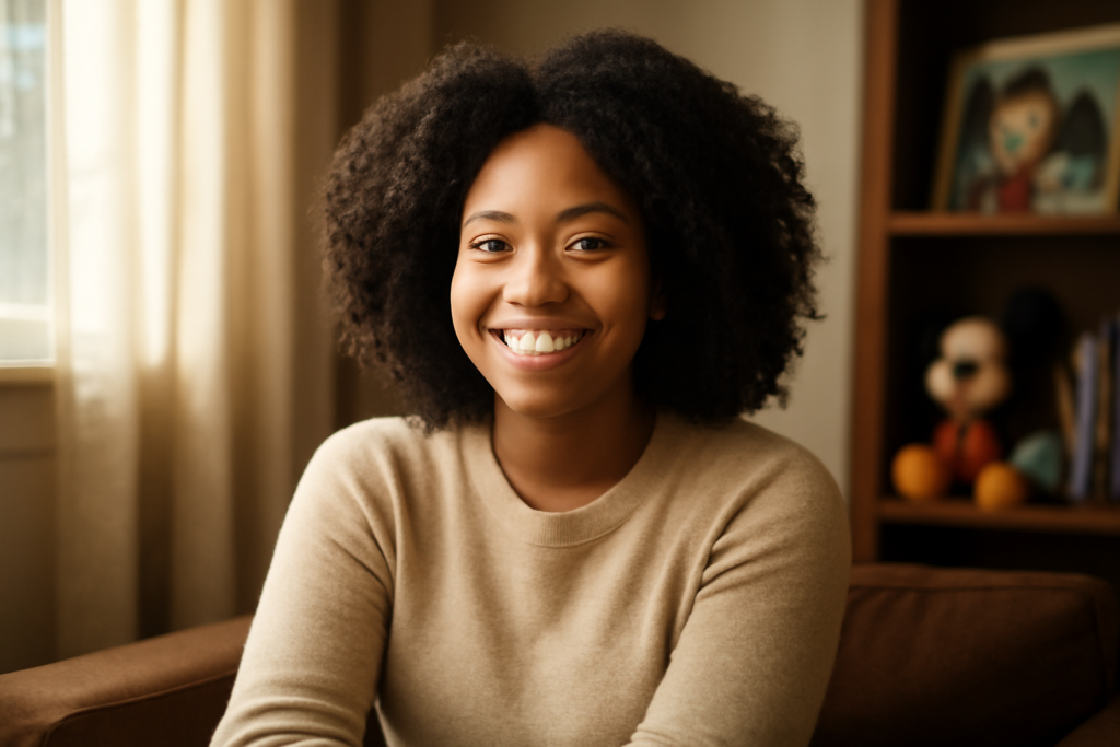 China Anne McClain tersenyum dalam potret editorial